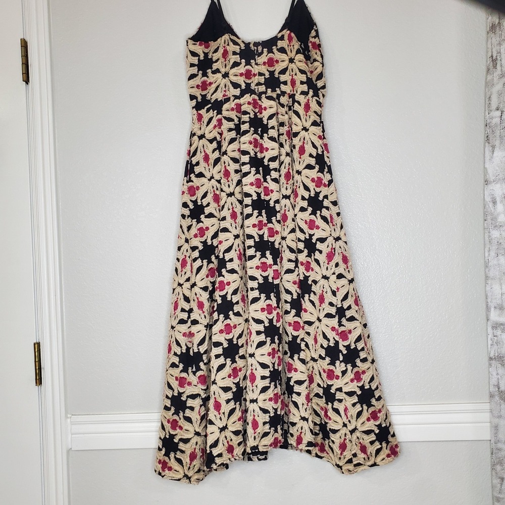HM Black Tan Red Jacquard Midi Dress Silk Wool Blend Strappy V-Neck Size 6 - Picture 3 of 10